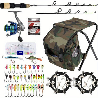 Complete Ice Fishing Rod and Reel Combo Set with Backpack, Seat, Cleats, Jigs, Line - 24/26, Medium-Light Power, Right-Handed, Fast Action, Fluorosint 500 PTFE, Ideal for Winter Fishing, Ice Fishing Gear | Camouflage Backpack