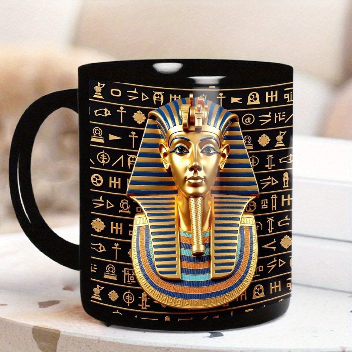 1pc Egyptian Pharaoh Tutankhamun King Tut Golden Mask Design Black Ceramic Mug - 11oz Durable Coffee Cup with Hieroglyphic Print, Ideal Gift for Birthdays, Anniversaries, History Lovers & Egyptian-Themed Home Decor