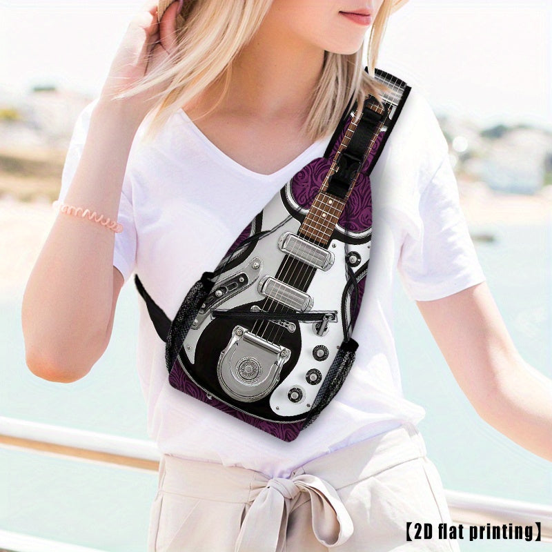 Burning Guitar (8) Black Guitar-Shaped Crossbody Backpack - Adjustable Shoulder Straps, Foldable Large Capacity, Durable Polyester for Travel, Beach, Camping, Work & Casual Outings - Unisex Gift for Music Lovers