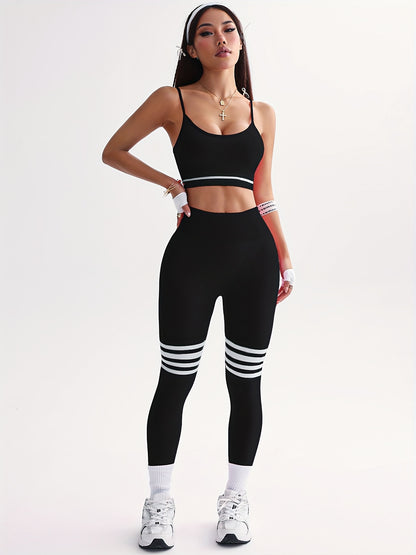 3pcs Women's Full Athletic Set - Seamless Striped Quick-Dry Sports Bra, Tight-Fitting Long Sleeve Gym Pants with Moai Panel Technology | High-Elasticity Moisture-Wicking Fabric for Running, Gymnastics, Training Outfit (All-Se