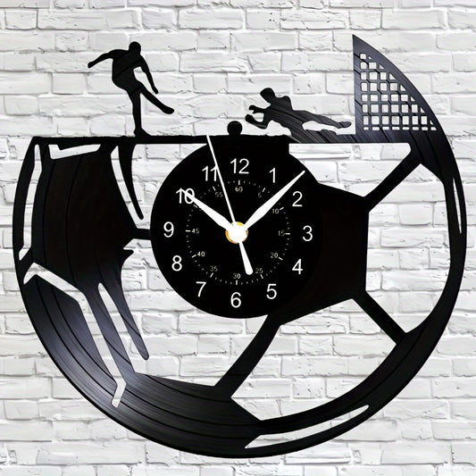 1pc Vintage Football/Soccer Vinyl Record Wall Clock with Silent Non-Ticking Movement - Modern Sports Decor for Living Room, Bedroom, Office - Music & Football Fan Gift (Black & Golden Design, Irregular Shape, Easy-to-Read Whi