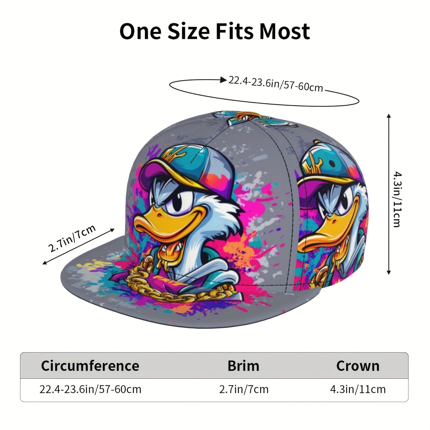 Unisex Adjustable Snapback Baseball Cap - Vibrant Graffiti Cartoon Duck Street Art Design, Lightweight 100% Polyester, Machine Washable, Flat Brim Trucker Hat for Men & Women, Perfect Gift for Father's Day, Mother's Day, Beac