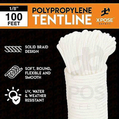 100ft White Reflective Nylon Camping Rope - Heavy-Duty 122lb Tensile Strength, UV-Resistant & Abrasion-Resistant All-Weather Tent Line, Guyline, Tarp Cord for Hiking, Survival, Outdoor Shelter Setup (Low-Light Visibility, Pac