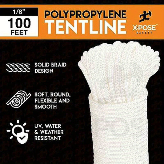 100ft White Reflective Nylon Camping Rope - Heavy-Duty 122lb Tensile Strength, UV-Resistant & Abrasion-Resistant All-Weather Tent Line, Guyline, Tarp Cord for Hiking, Survival, Outdoor Shelter Setup (Low-Light Visibility, Pac