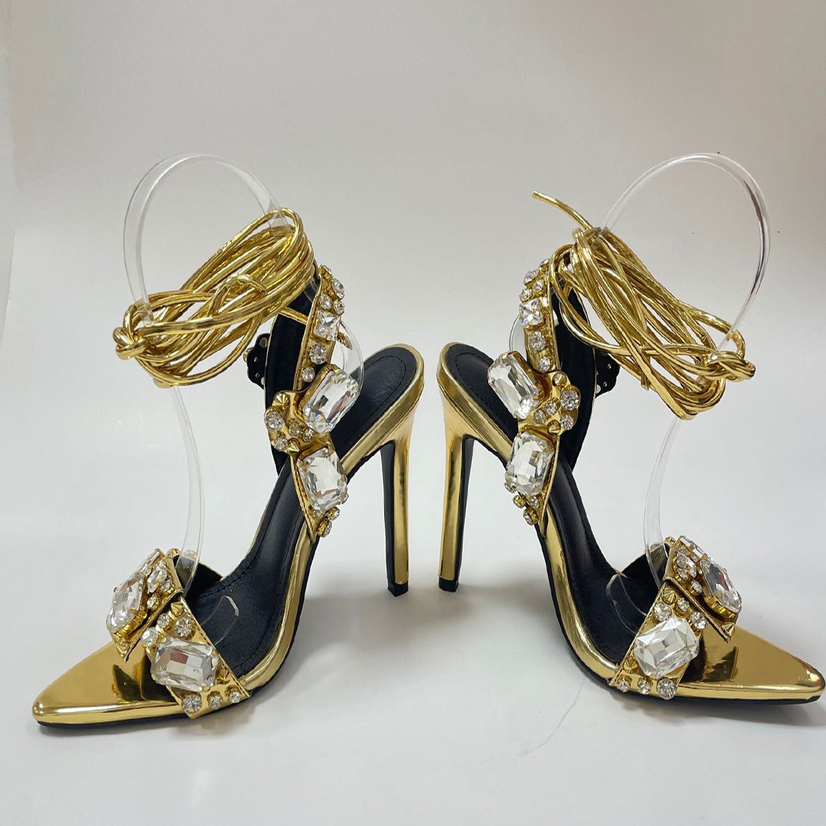 Women'S Rhinestone-Adorned Cross Strap Open-Toe High Heel Sandals - Ultra-High Stiletto Heels, PU Cover Upper & Lining, European & American Style Elegant Party & Formal Dress Shoes with Cushioned Insole, Durable Rubber Sole -