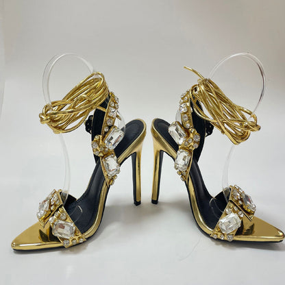 Women'S Rhinestone-Adorned Cross Strap Open-Toe High Heel Sandals - Ultra-High Stiletto Heels, PU Cover Upper & Lining, European & American Style Elegant Party & Formal Dress Shoes with Cushioned Insole, Durable Rubber Sole -