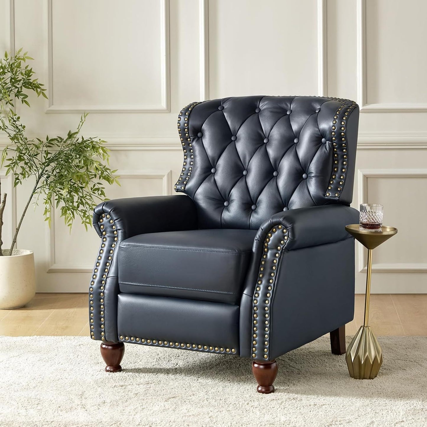 Genuine Leather Recliner Chair - Manual Push Back Recliner Sofa w/ Solid Hardwood Legs, Brown Luxury Living Room Armchair, Easy Assembly Non-Electric Recliner for Home Theater & Reading Nook - Durable Leather Upholstery, Soph