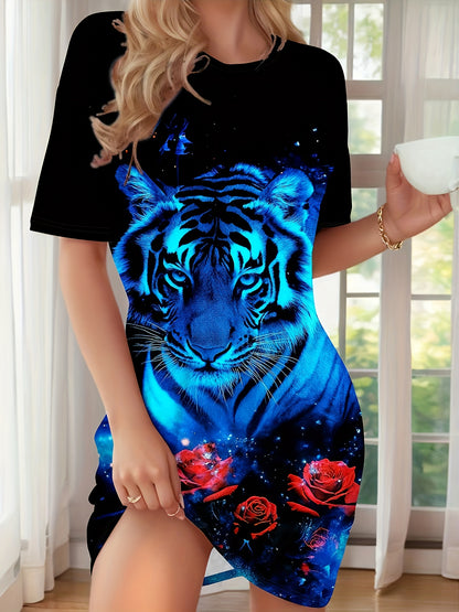 Women's Elegant Tiger & Rose Print Nightgown - Blue & Black Pajama Dress with Round Neck, All-Season Comfort, Machine Washable Sleepwear, Elegant Home Dress for Women, & Sophisticated Lounge Wear with Pajama Top & Skirt, Idea