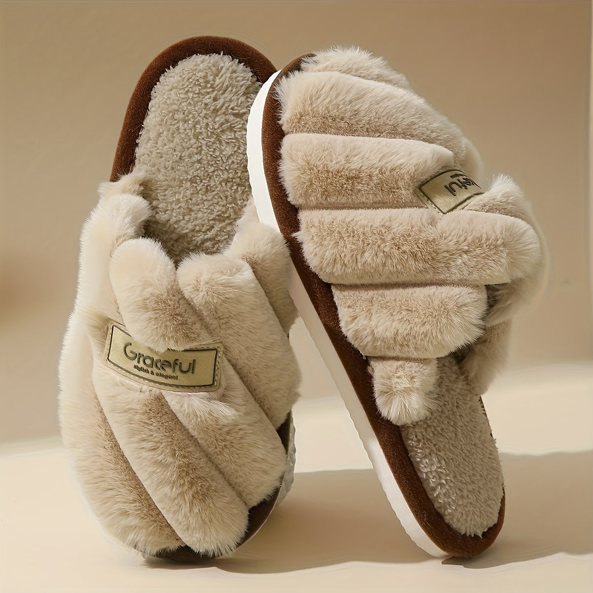 Women's Winter Plush House Slippers - Cozy Indoor/Outdoor Moccasins with Soft & Non-Slip PVC Sole, Beige/Black/Pink/Brown/ - Cushioned Warmth for Home, Hotel, Spa - Easy-Care Fabric Upper (No Maintenance)