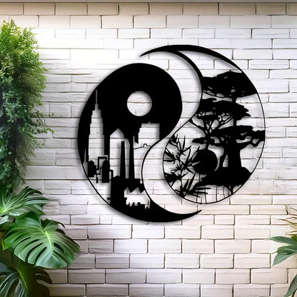 Elegant Yin Yang Metal Wall Art Set of 2 - 15.7" Urban & Landscape Sculptures, Indoor/Outdoor Iron Decor for Home, Patio, Balcony - Perfect Housewarming Gift
