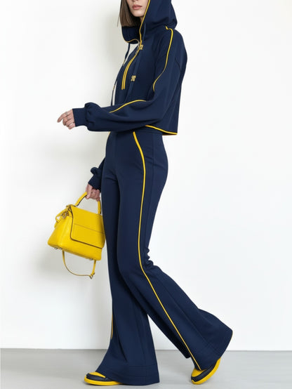 Navy Blue with Yellow Stripes Hooded Half-Zip Cropped Top + Wide-Leg Pants Women'S Suit Set | Stylish Trendy Minimalist Commute Vibe Perfect for Daily Outings, Leisure Commutes & Relaxed Outdoor Multi-Scene Looks | Solid Colo