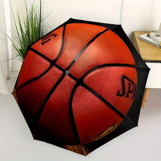 3D Basketball Umbrella with Automatic Open/Close, Red/Black Basketball Design, Sturdy 8-Rib Frame - Compact Folding Umbrella for Men, Women, Sports Fans - Ideal for Commute, Travel, Business Meetings - Durable Everyday Carry