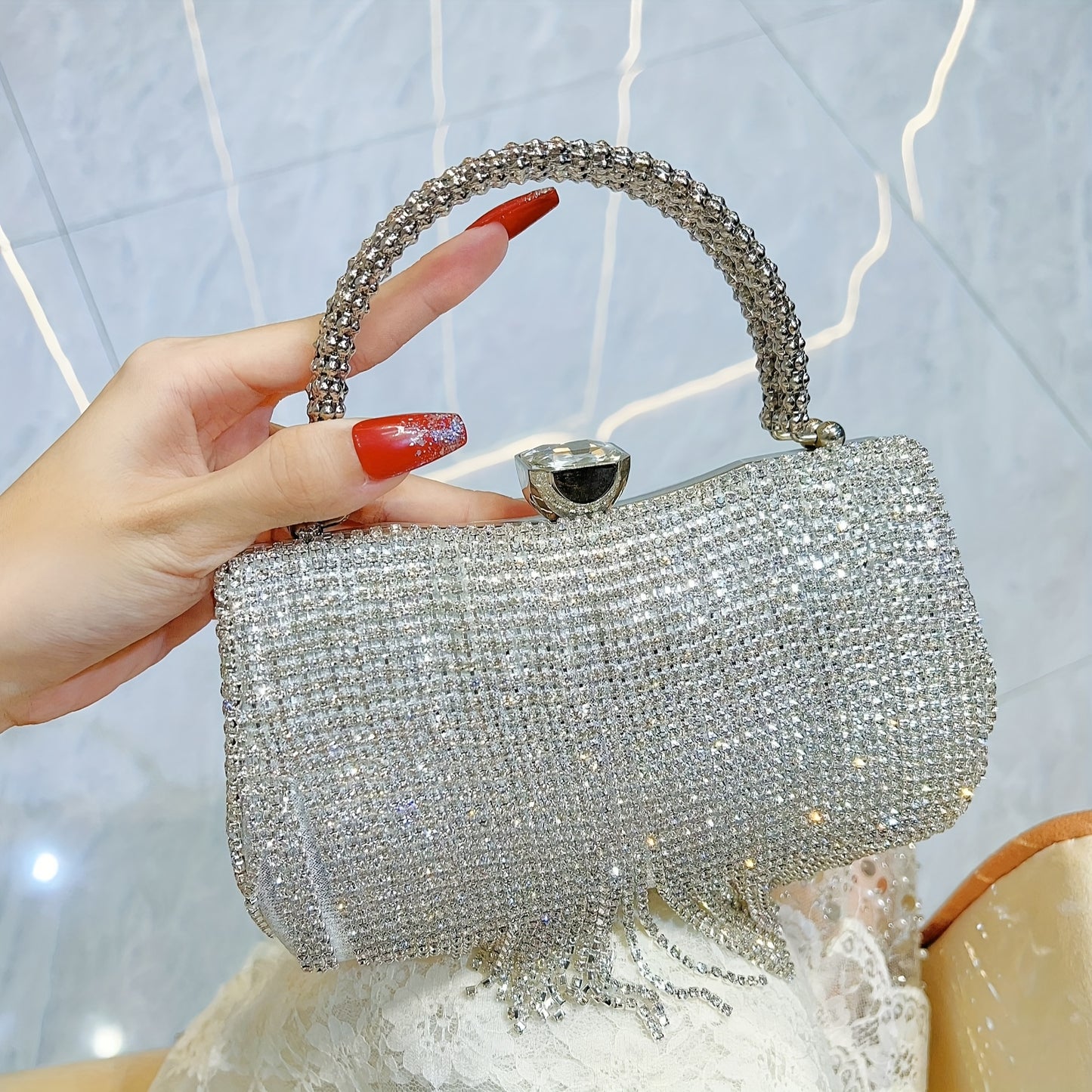 Women's Elegant Rhinestone-Adorned Evening Handbag with Detachable Crossbody Strap & Closure - Sparkling -Encased Design, Tassel Detailing, Durable Luxury Party Wedding Bag for Daily Use, Prom, Galas - Multi-Color Options (Bl