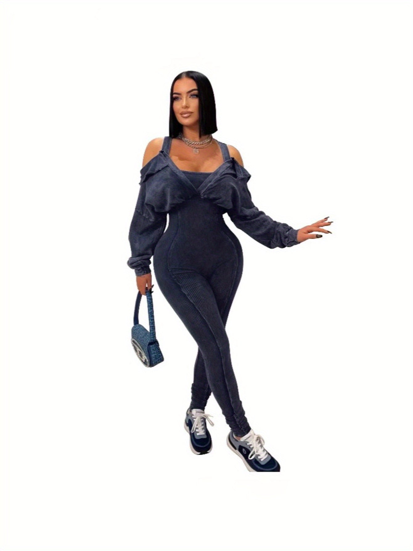 Hot Women'S V-Neck Tight-Fitting Jumpsuit Autumn And Winter New Women'S Sexy