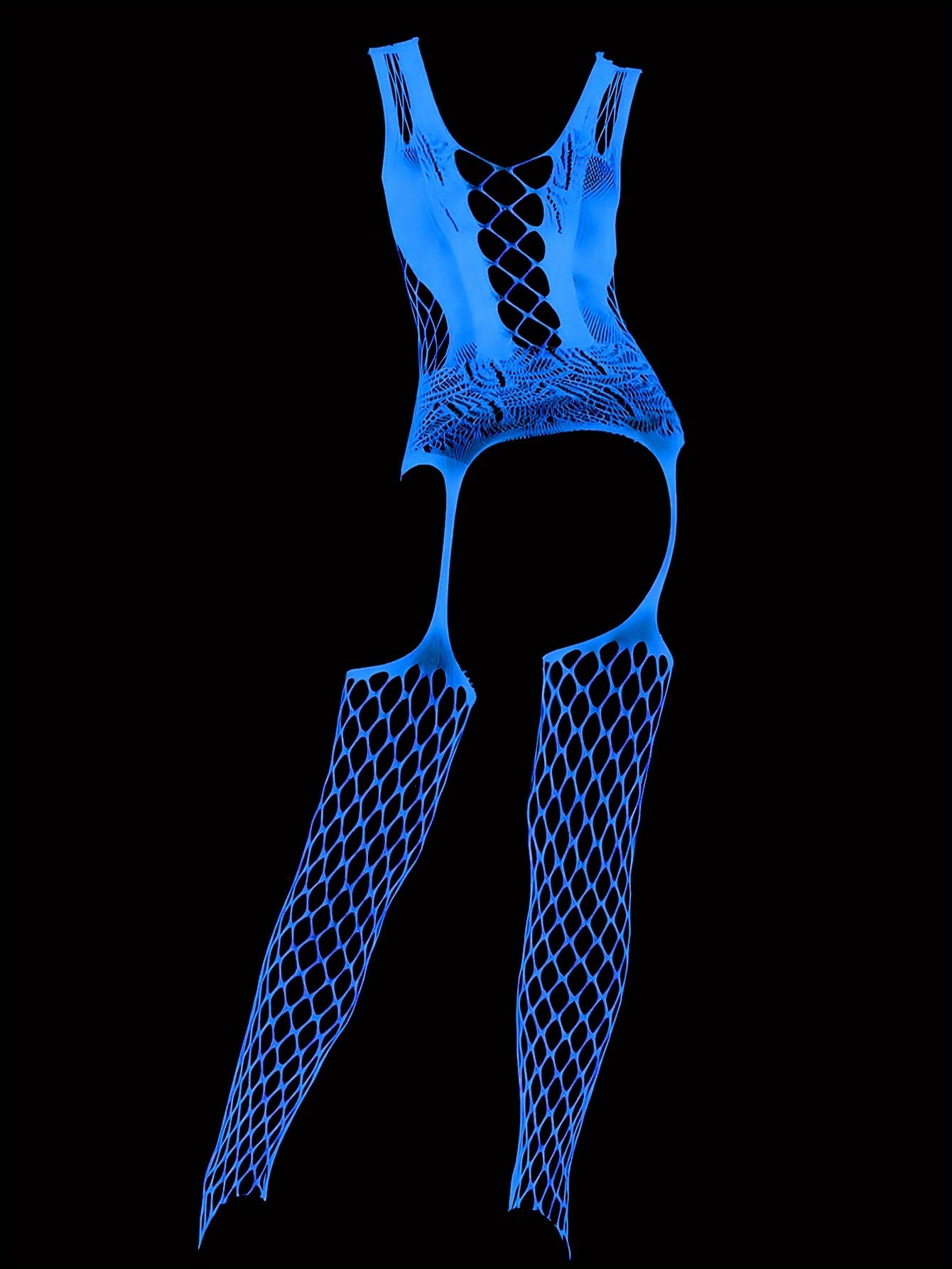 1pc Women's Glow-in-the-Dark Fishnet Onesie - Blue Fluorescent Glow Under Black Light - Activated Luminous High-Stretch Leggings with Skeleton Design - No Padding & Hand Washable - Sexy Lingerie for Valentine's Day, Music Fes