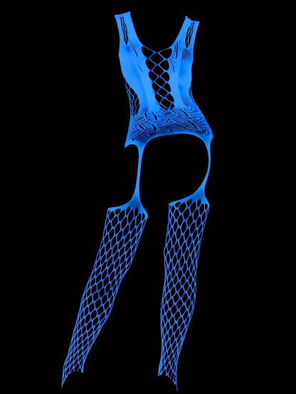 1pc Women's Glow-in-the-Dark Fishnet Onesie - Blue Fluorescent Glow Under Black Light - Activated Luminous High-Stretch Leggings with Skeleton Design - No Padding & Hand Washable - Sexy Lingerie for Valentine's Day, Music Fes