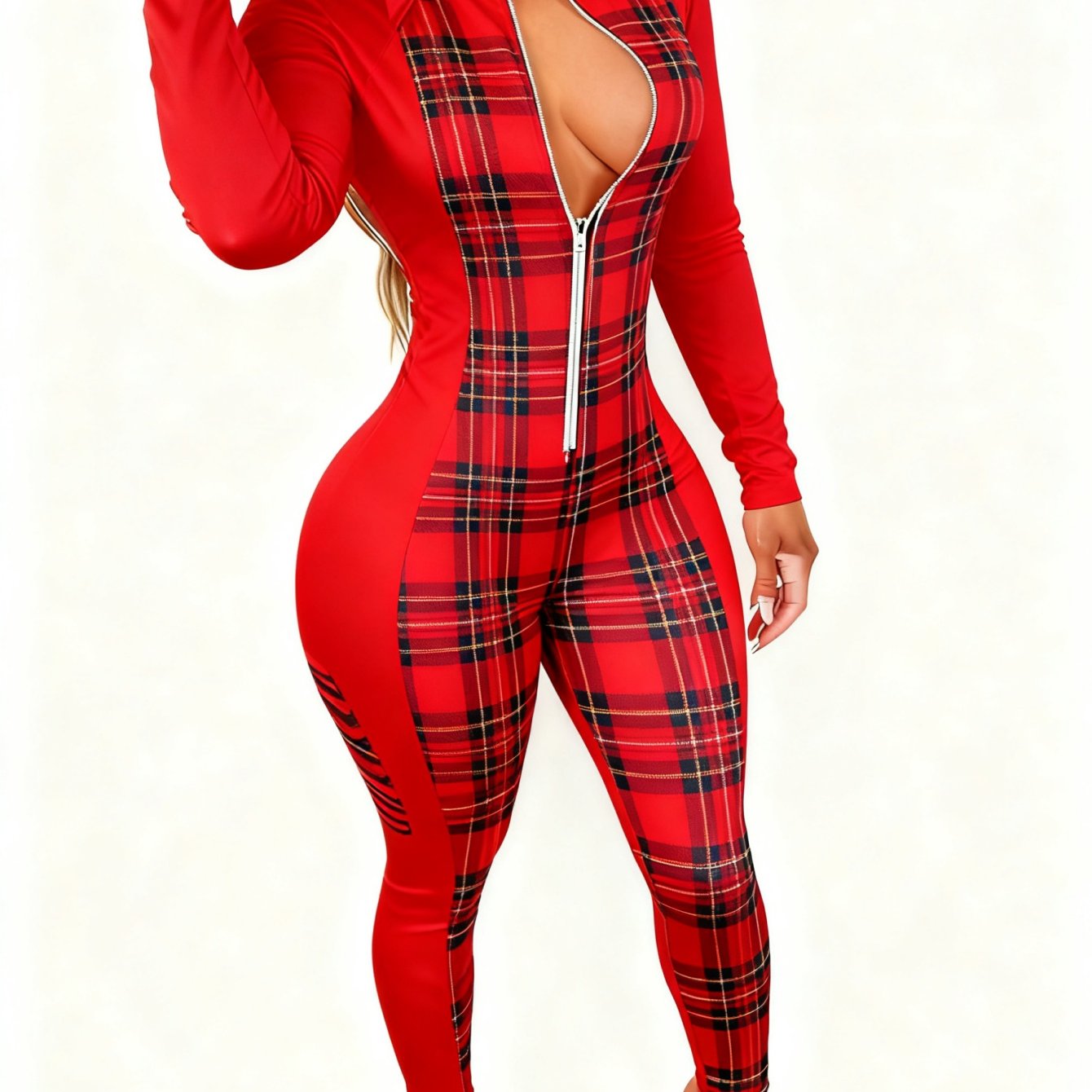 Plus Size, Women's Sexy V-Neck Jumpsuit - Zipper Closure, Fashion Printed, Versatile for Party, Club & Daily Wear, 4-Season Fashion Outfit