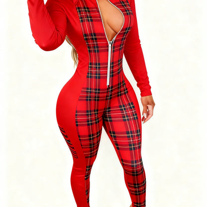 Plus Size, Women's Sexy V-Neck Jumpsuit - Zipper Closure, Fashion Printed, Versatile for Party, Club & Daily Wear, 4-Season Fashion Outfit