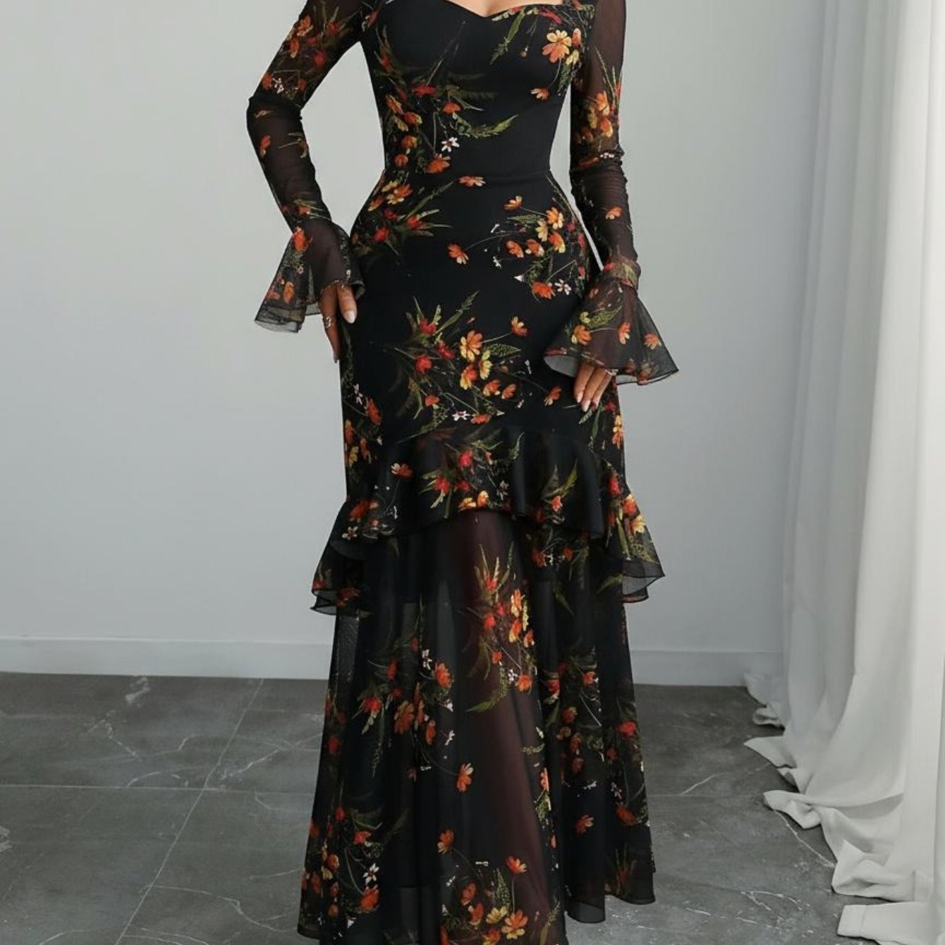 Women's Vintage Elegant Black Maxi Dress with Bell Sleeves & Ruffled hems - Square Neck Mesh Gown Suitable for Weddings, Proms, New Year's Eve Parties - Machine Washable Fall/Winter Evening Dress