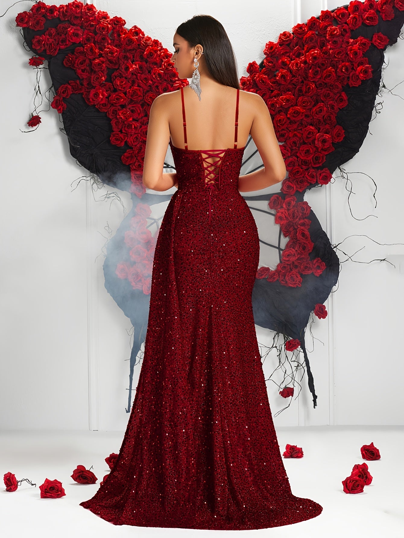 Sequin Spaghetti Strap V-Neck High-Waist Long Dress with Hollow-Out Back and Side Slit | Elegant Bodycon Evening Gown for Parties and Banquets