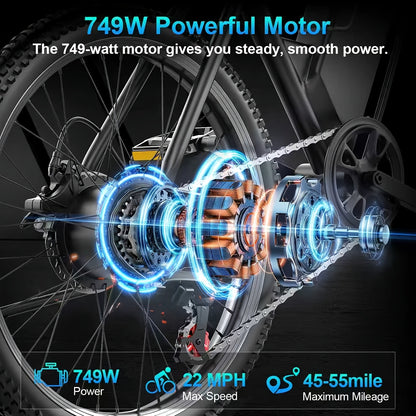 Adult Electric Bike - 749W Motor, 48V 10.4AH Battery, 22MPH & Up to 55 Miles Range! Equipped with LCD Display, Dual Suspension, 365 lbs Load Capacity, Perfect for Commuting and Off-Road Adventures.