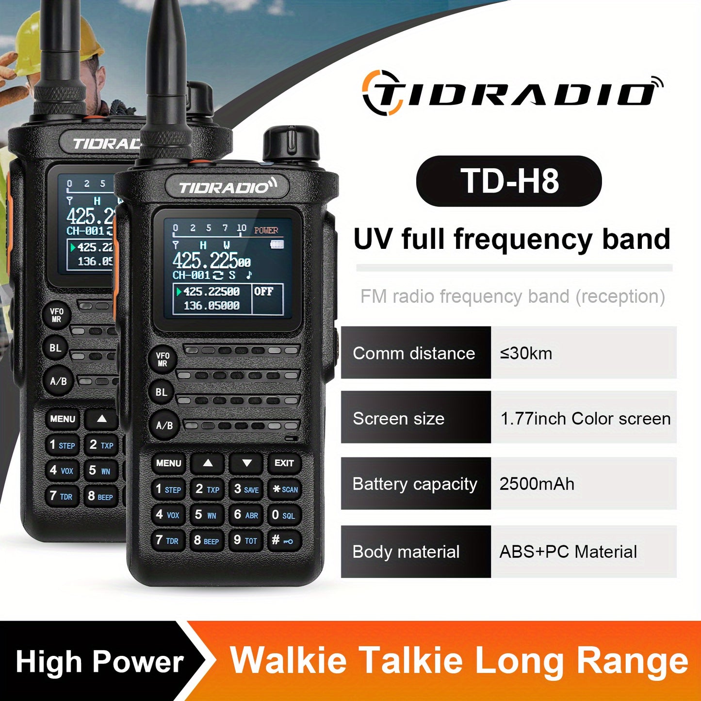 TIDRADIO TD-H8 2nd Gen 10W High-Power Handheld Two-Way Radio - 2500mAh Long-Lasting Battery, UHF Frequency 136-174MHz, 5000 Channels with Repeater List, FM Radio & Compatible, -Powered for Ham/GMRS/Radio Use, Durable Walkie T