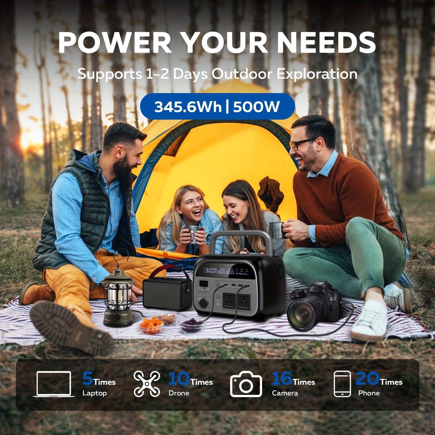 345Wh 500W Portable Power Station (100W Solar Panel Sold Separately) | LiFePO4 Battery, UPS Function, 2x110V AC Output | Power for Camping Gear, Garden/Yard Decor, Party Decorations, Christmas Lights | Solar Generator, Emerge