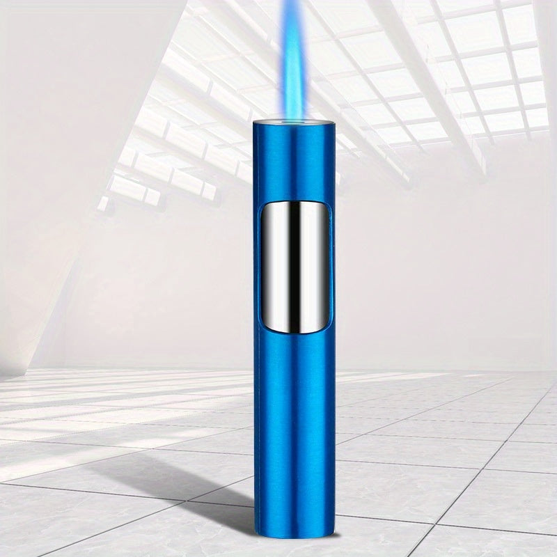 Stylish Push Lighter Designed for Outdoor Use, Featuring a Windproof Design And a Straight Blue Flame. This Mini Portable Spray Torch Is Refillable with Butane Gas And Has an Adjustable Flame. It'S an Ideal Gift for Your Boyf