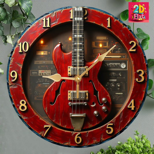 Vintage Electric Guitar Wall Clock - Silent Non-Ticking Retro Decor with 9.8" & 11.8" Sizes, Artificial Wood Battery-Operated (AA Not Included) for Bedroom, Office, Cafe, Party, Mother's Day & Holiday Gift, Office Clock, Arti