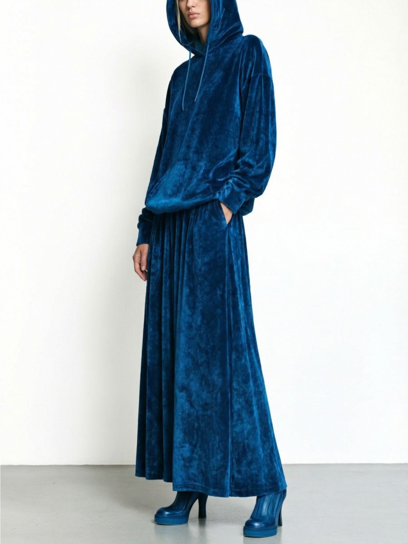 Dark Blue Hooded Drawstring Oversized Top + Long Flared Maxi Skirt Women'S Suit Set | Sophisticated Elegant Lazy Casual Style for Fall/Winter Daily Outings, Light Social Occasions & Date Gatherings
