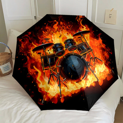 Personalized Drumset in Flames Music-Themed Umbrella with Name/Text - Automatic Open/Close, 8-Rib Durable Design, Compact Folding Umbrella for Drummers, Musicians - Ideal Birthday/Holiday Gift ( Band Style, Black & Golden Dru