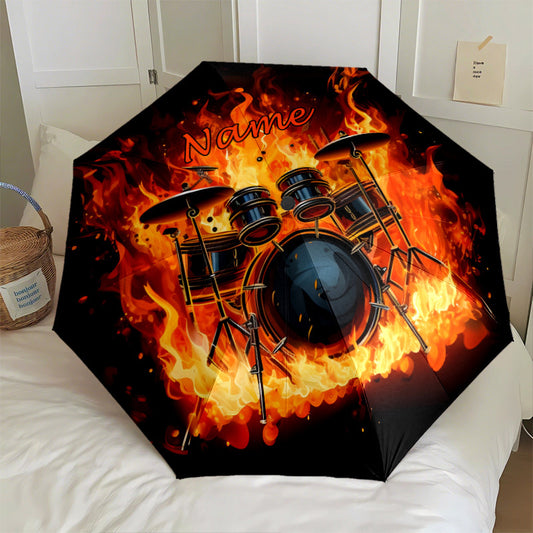 Personalized Drumset in Flames Music-Themed Umbrella with Name/Text - Automatic Open/Close, 8-Rib Durable Design, Compact Folding Umbrella for Drummers, Musicians - Ideal Birthday/Holiday Gift ( Band Style, Black & Golden Dru