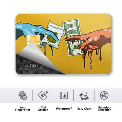 4pcs PVC Credit Card Skins with Money Drip Design & Dollar Bill Pattern - Matte Anti-Residue Vinyl Decals, Hand Washable Protective Cover for Credit/Debit/Transit/Key Cards - One-Time Use, Color Matching ( & Red) - Ideal for