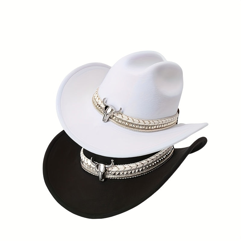 2pcs Western Cowboy Hat Mix & Match - Hand-Braided Large Bull Head Buckle Accessory, Wide-Brim Flat-Top Hats Suitable for Men & Women, Cowboy/Cowgirl, Themed Parties, Rodeo, Western Events - Handwashable, Handwash Care