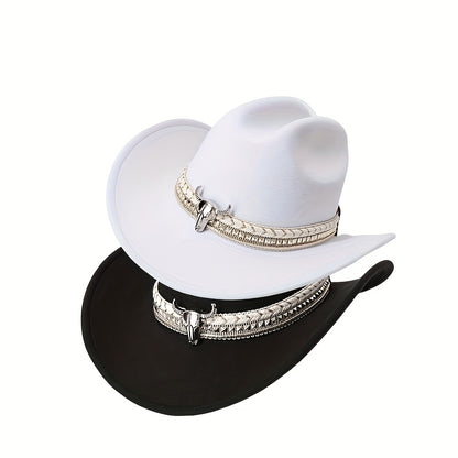 2pcs Western Cowboy Hat Mix & Match - Hand-Braided Large Bull Head Buckle Accessory, Wide-Brim Flat-Top Hats Suitable for Men & Women, Cowboy/Cowgirl, Themed Parties, Rodeo, Western Events - Handwashable, Handwash Care