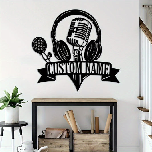2D Flat, 1pc Customizable Metal Sign with Headphones & Microphone Silhouette Wall Art - Personalized Name Banner, Durable Iron Wall Decor for Home Studio, Living Room, Outdoor Patio - Music-Themed Decorative Accent, Metal Wal