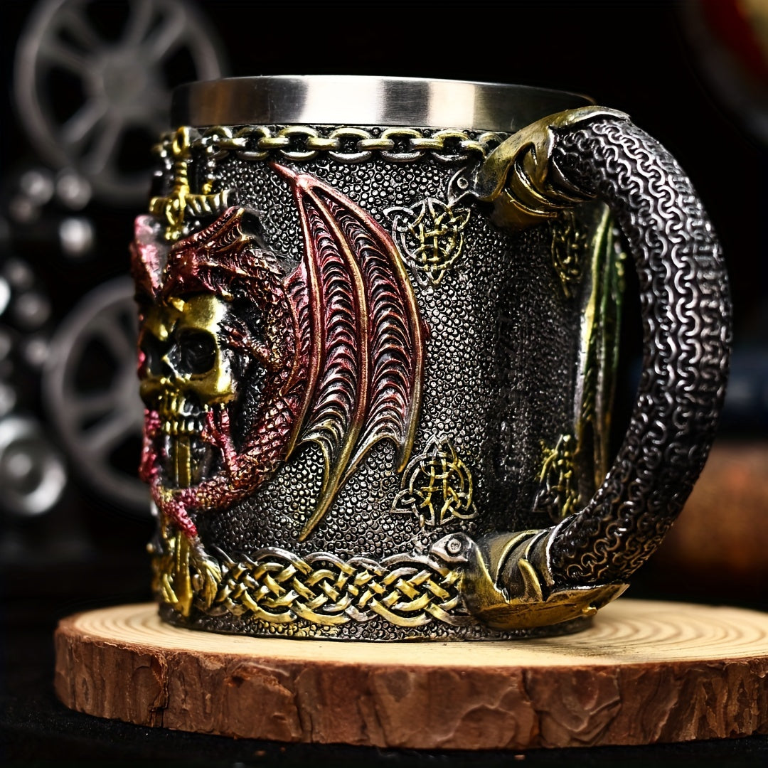 Medieval Collectible Drinkware (Hand Wash Only) - 2024 Dragon Warrior Gothic - 3D Dragon & Skull Coffee Mug & Beer Cup - Stainless Steel Insulining Cup with Celtic Knot Design - Viking-Themed Gift for Men - Christmas - Hallow