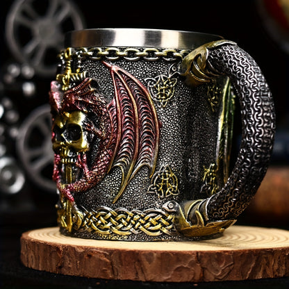 Medieval Collectible Drinkware (Hand Wash Only) - 2024 Dragon Warrior Gothic - 3D Dragon & Skull Coffee Mug & Beer Cup - Stainless Steel Insulining Cup with Celtic Knot Design - Viking-Themed Gift for Men - Christmas - Hallow