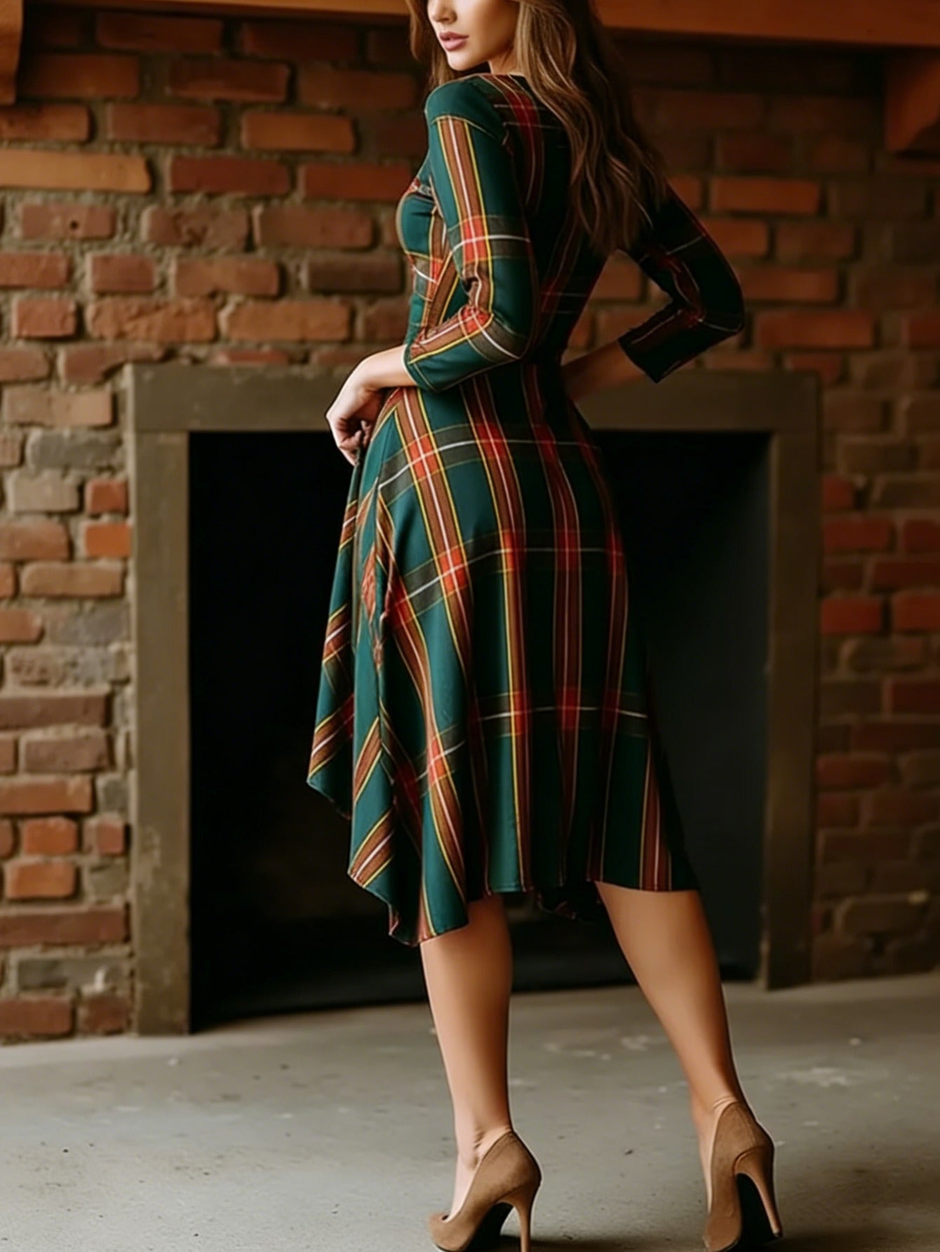 Dark Green Plaid V-Neck Long-Sleeve Waist-Cinched Asymmetric Hem Midi Dress Women's Casual Style | Retro Versatile Sophisticated Temperament Vibe Perfect for Daily Commutes & Casual Outings & Light Gatherings Occasions