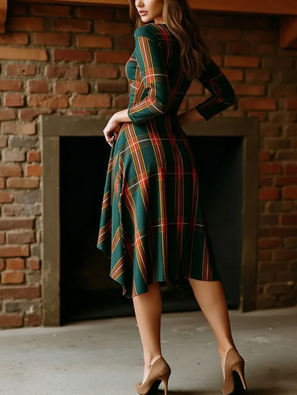 Dark Green Plaid V-Neck Long-Sleeve Waist-Cinched Asymmetric Hem Midi Dress Women's Casual Style | Retro Versatile Sophisticated Temperament Vibe Perfect for Daily Commutes & Casual Outings & Light Gatherings Occasions