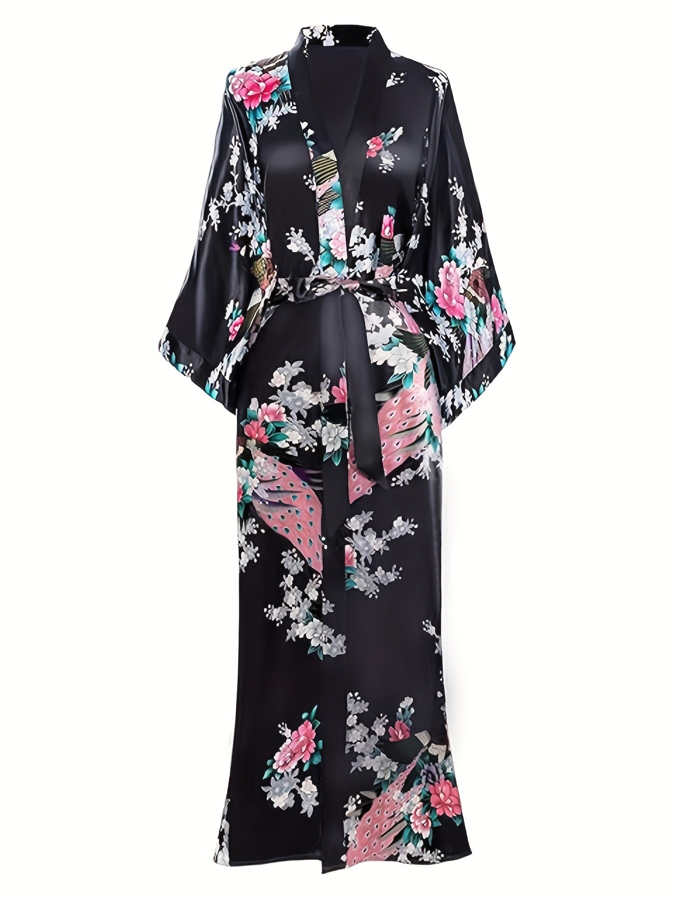 Elegant Floral Kimono Women's Robe - Soft and Light Beige-Friendly V-Neck Geometric Pattern All-Season Comfortable Casual Pajamas Pajamas