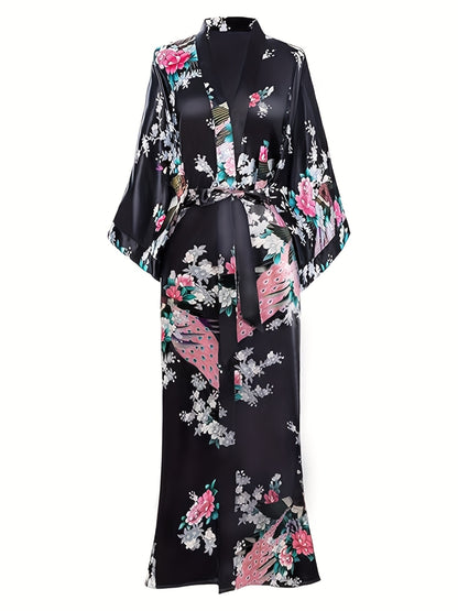 Elegant Floral Kimono Women's Robe - Soft and Light Beige-Friendly V-Neck Geometric Pattern All-Season Comfortable Casual Pajamas Pajamas