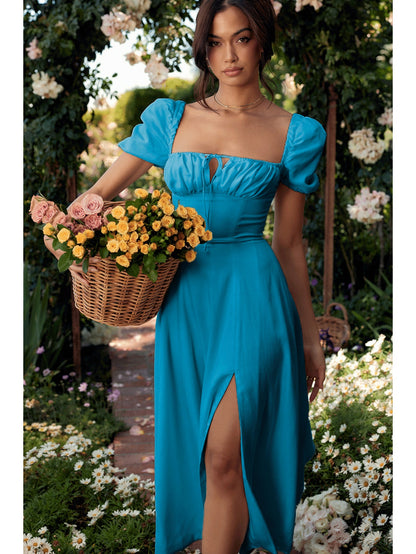Elegant Puff Sleeve Tie-Waist Dress | High Waist Design, Off the Shoulder, Solid Color, Flared Hem, Midi Length for Spring/Summer Fashion