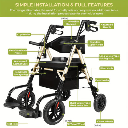 Foldable Rollator Walker with Seat - Heavy-Duty 300 lb Capacity, Lightweight 2-in-1 Mobility Aid with Adjustable Height Seat & Handle, All-Terrain Wheels, Linear Brakes, Ergonomic Backrest & Cushioned Seat - Ideal for Seniors