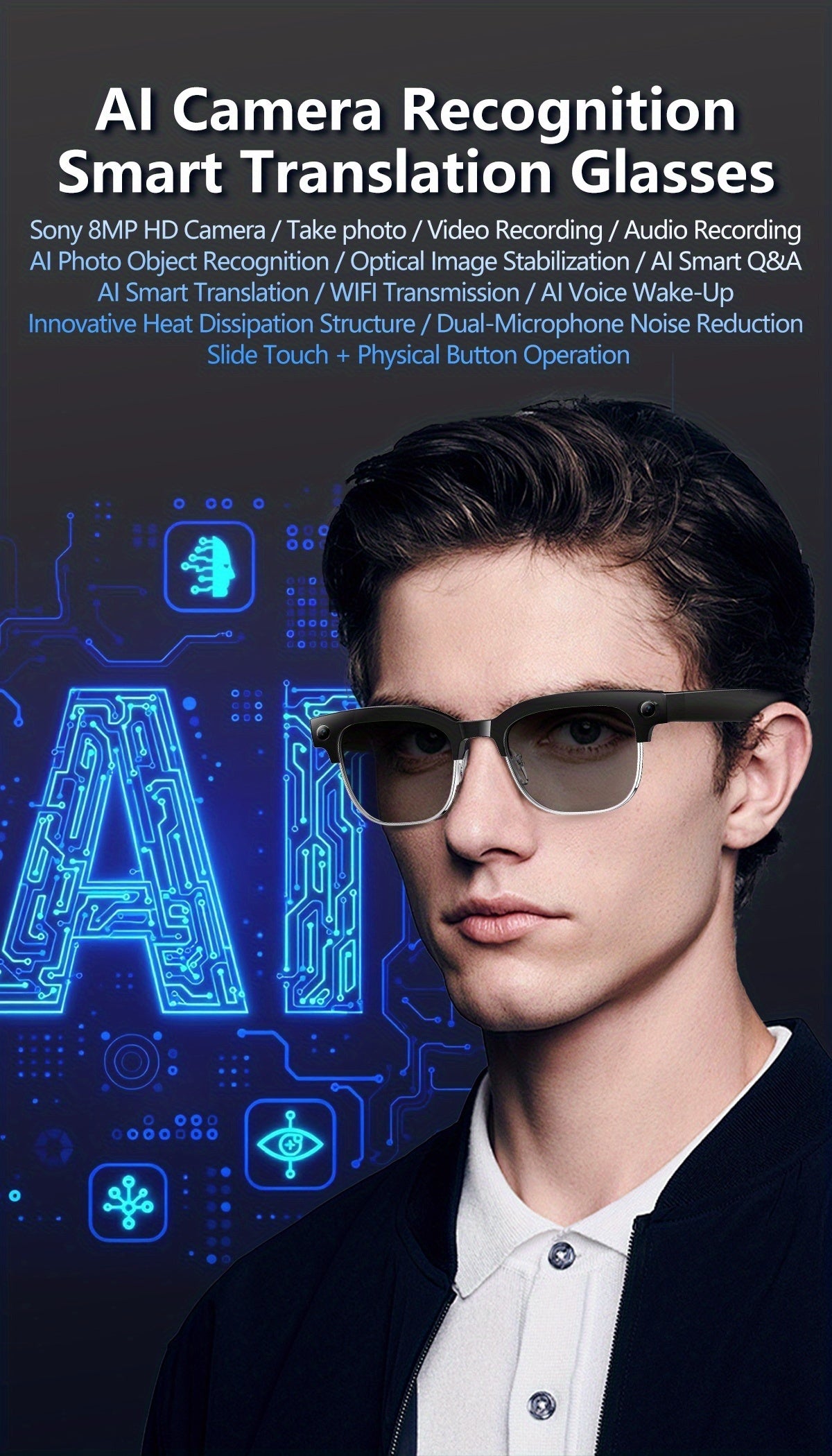 New Smart AI Glasses for Photo And Video Recording, with 800W Pixel Ultra-wide Camera, High-definition Video 1080P, Anti-shake for Photography And Video, Blue Light Blocking, Dual-mic Noise Reduction, AI Voice Control, Wi-Fi