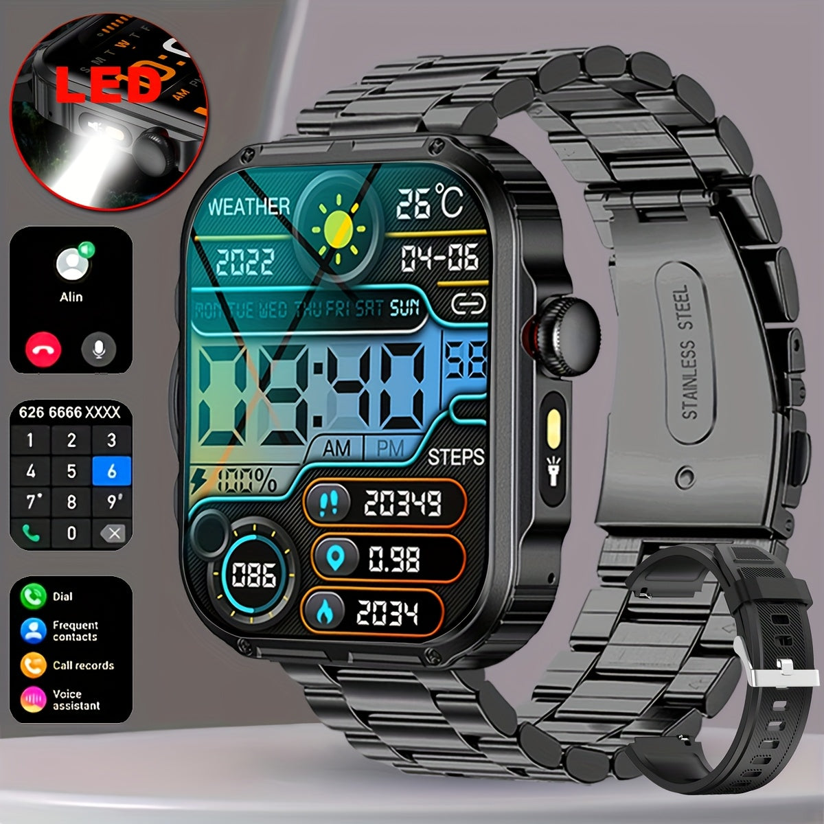 COIUSOR Men'S Smartwatch with LED Flashlight, IPX7, Wireless Calling & SMS Alerts, 2.02" HD Large Screen, Sports Mode, Zinc Alloy, Compatible with for iphone/Android, USB Rechargeable, Sporty Watch Design, Robust Strap Qualit
