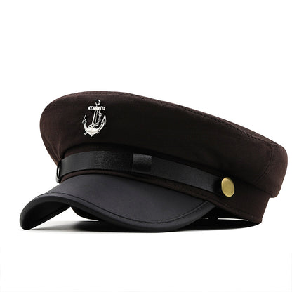 Women's Nautical Anchor Beret Hat - Red & Black Yacht with White Anchor Emblem, Adjustable Buckle Closure, Large Head Size for Face, All-Season Lightweight French-Style for Sailing, Parties & Maritime Events