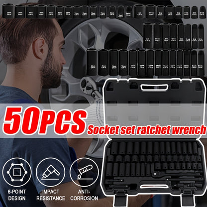 43/50pcs, 3/8-inch Drive Impact Socket Set, 6-point Standard Metric (8-22mm) & SAE (5/16-3/4 Inches), CR-V Steel Sockets With Adapter And Ratchet Handle, Exquisite Gift