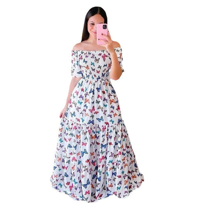 2023 New Spring Summer European and American Women's Fashion Off-Shoulder Floral Print Long Dress
