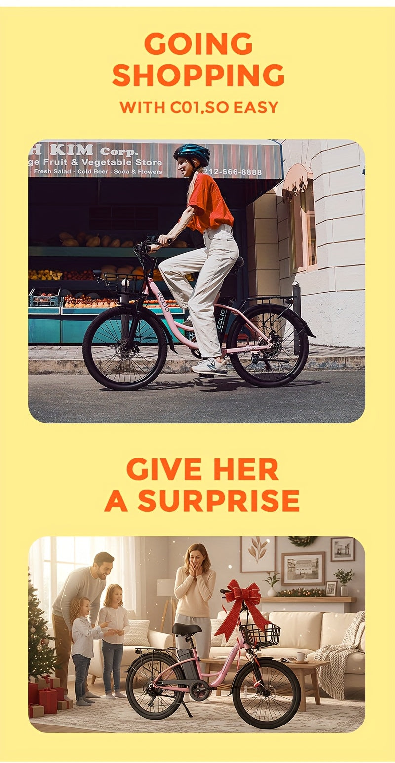 Sakura Pink Electric Bike for Adults, 500W Motor 7-Speed Commuter Ebike with 36V/10.4Ah Removable Battery, 20 MPH & 25-40 Miles Range, 24 Inch Electric Bike, Beach Cruiser Ebike for Women, Students & Commuters, Electric Bike